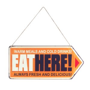 Eat here | Always fresh and delicious | Metalen wandbord | 40x18cm