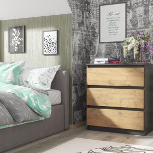 Ladekast Norton | Antraciet – Eiken | 70 cm | 3 lades | Commode | Levertijd: 4-7 werkdagen