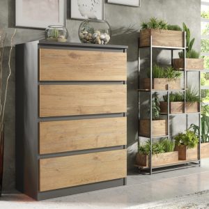 Ladekast Ribera | Zwart Mat Eiken | 70 cm | 4 lades | Commode | Levertijd: 1-3 weken