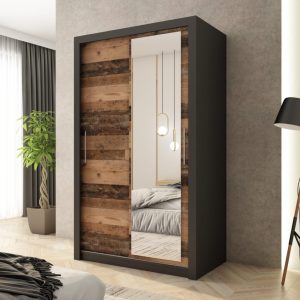 Kledingkast Miami | Zwart mat | Old Wood | 120 cm | met spiegel | Levertijd: 1-2 weken