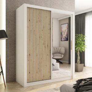 Kledingkast Milan | Wit | 160 cm | met spiegel | Verticale houtlook lamellen | Levertijd: 4-8 werkdagen