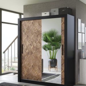 Kledingkast Miami | Zwart mat | Eiken | 160 cm | met spiegel | Levertijd: 4-7 werkdagen