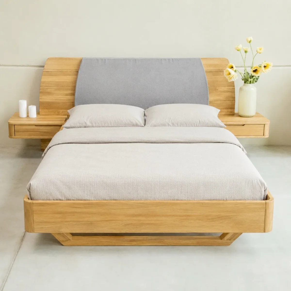 Massief eikenhouten bed met vastgebouwde nachtkastjes ALINA | NordicStory