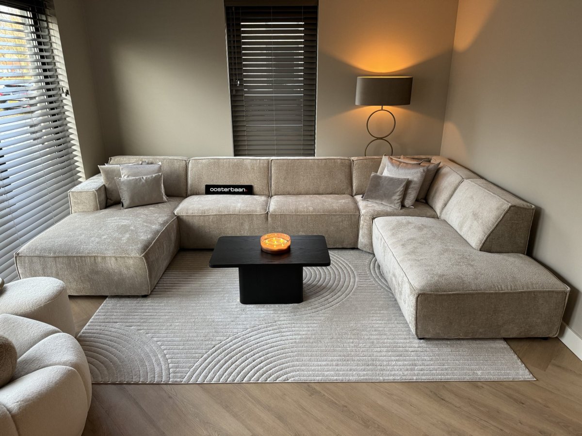 Luxe Teddy Velvet U-bank Richard 190x390x240cm Beige Sand Khaki – NIEUW