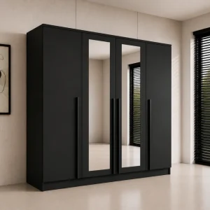 Kledingkast Istanbul – met Spiegel – 200 x 52 x 200 cm – Zwart Mat – 4 Deuren – 2 Lades | Levertijd: 3-4 weken