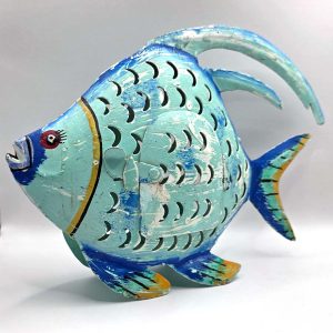 Waxinelichthouder | vis | metaal | 22×30 cm | blauw | handgeschilderd | theelichthouder